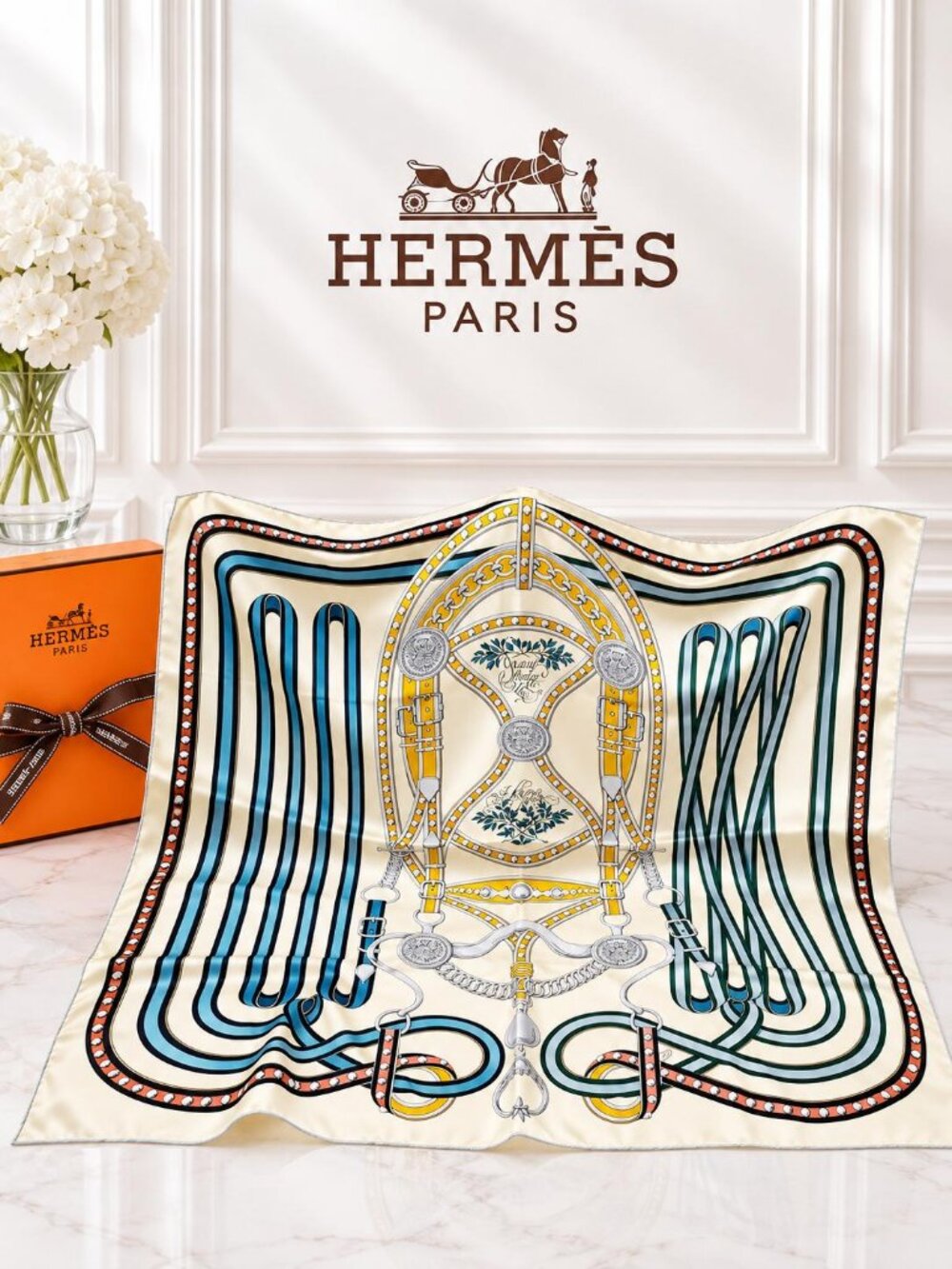 Hermès Mors à la Conétable Carré 90 Silk Scarf Cream Blue Equestrian Vintage